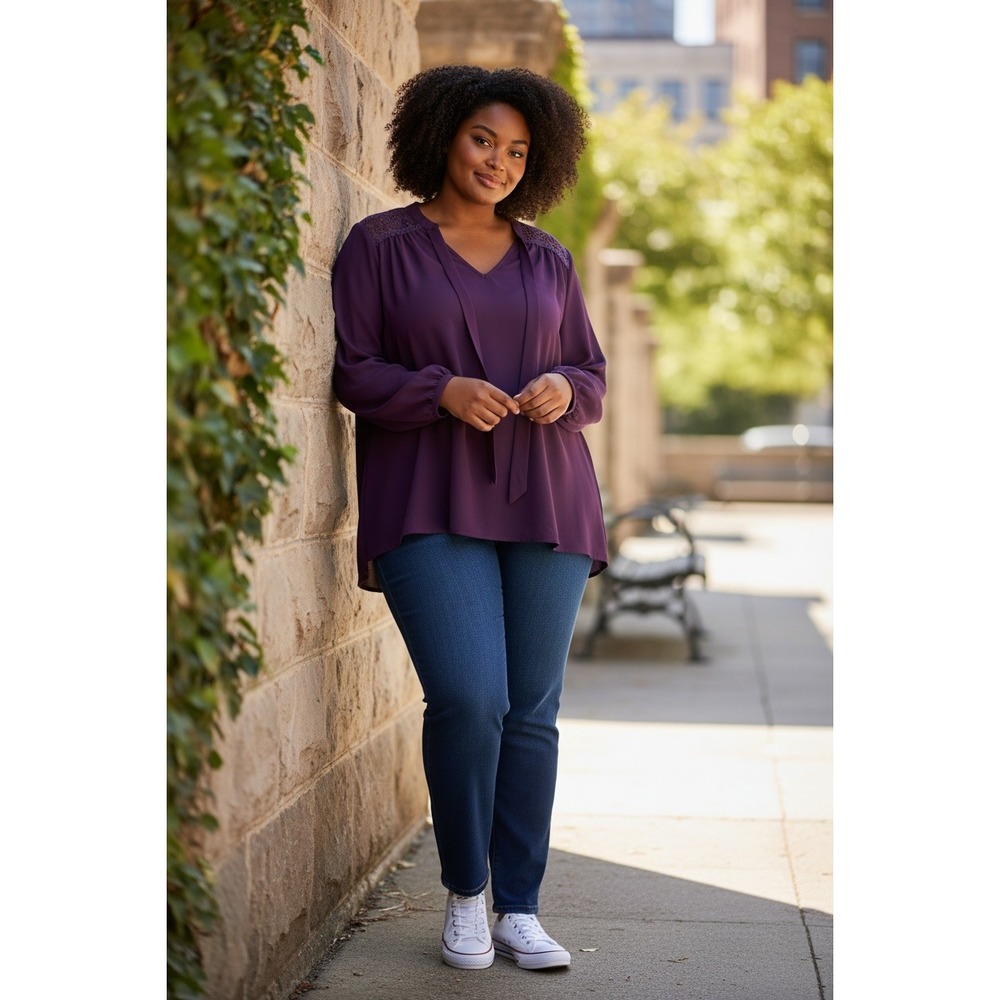 Fashion To Figure Plus Size 3X Purple Crochet Trim V-Neck Tie Neck Blouse
